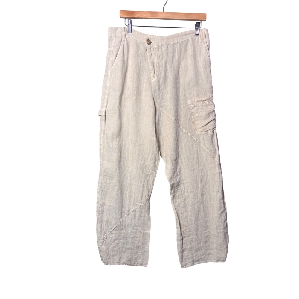 Zara Womens Alana Linen Pant M Beige Cargo Wide Leg Seam Detail Coastal Grandma